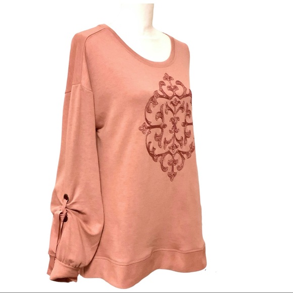 🆕 Embroidered Salmon Peach DEMOCRACY Bow Tie Grommet Flounce Sleeve Tunic NWT - Picture 6 of 13